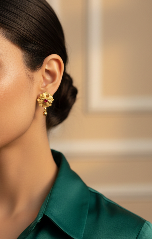 Golden Red Bloom Earrings | Classic Style | Royal Shine